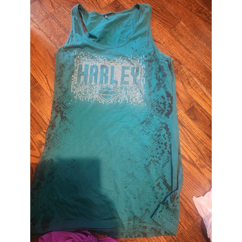 Harley-Davidson Teal Rhinestone Logo Distressed Racerback Tank Top - Picture 2 of 2